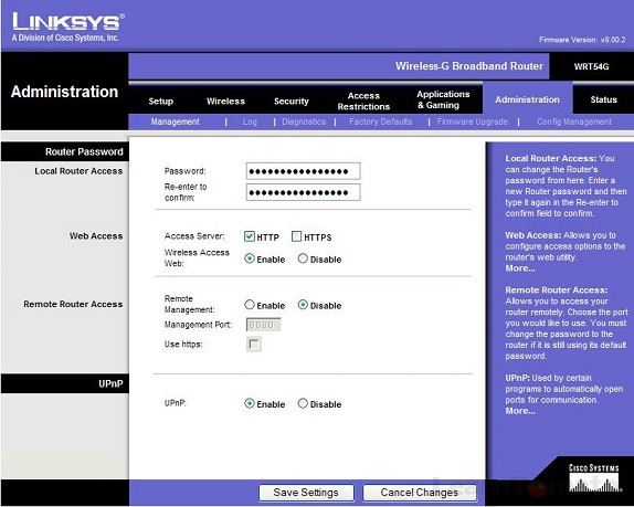 This is the default Linksys router admin page for my router.