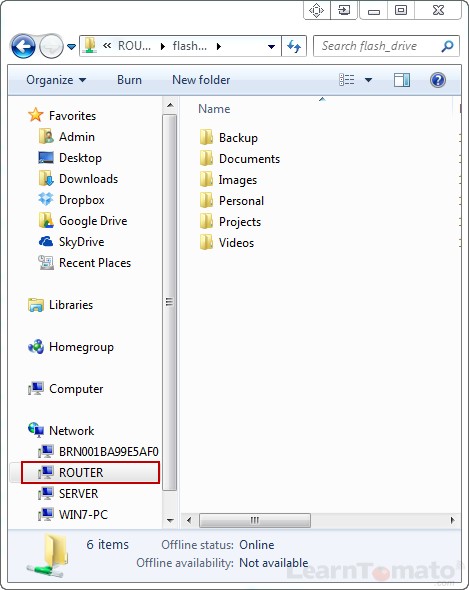 Now you can browse files and folders hosted on your TomatoUSB drive, and served by the NAS server.