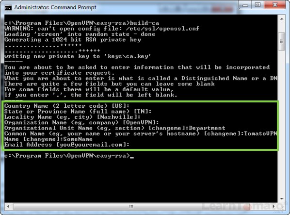 Create the SSL certificate variables and enter a common name.
