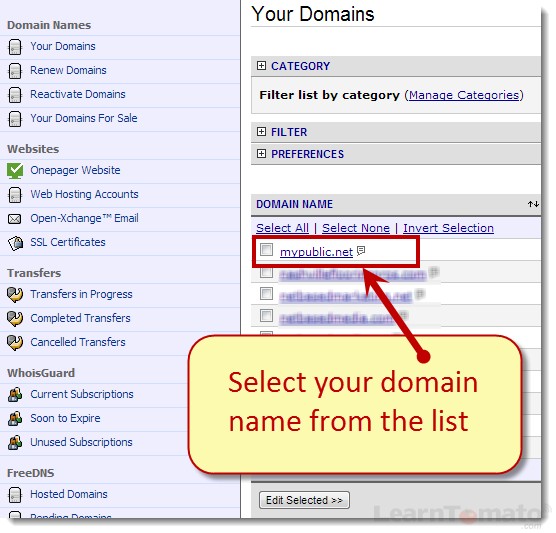 Click the namecheap domain you wish to manage.