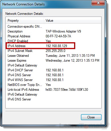 Network connection details show the LAN IP of the VPN client.