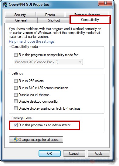 Choose OpenVPN Administrator rights privileges