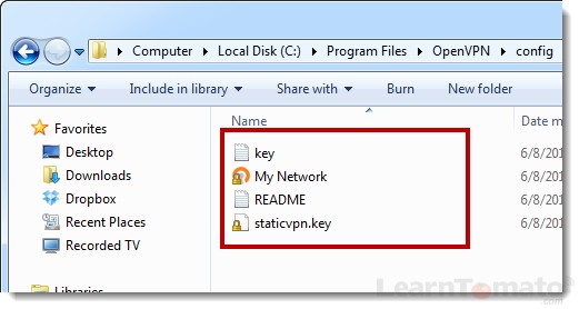 Be sure the static key, and VPN profile file is located in the OpenVPN config folder.