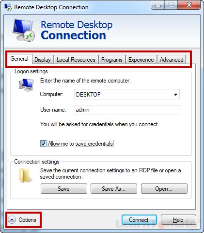 Remote desktop connection options