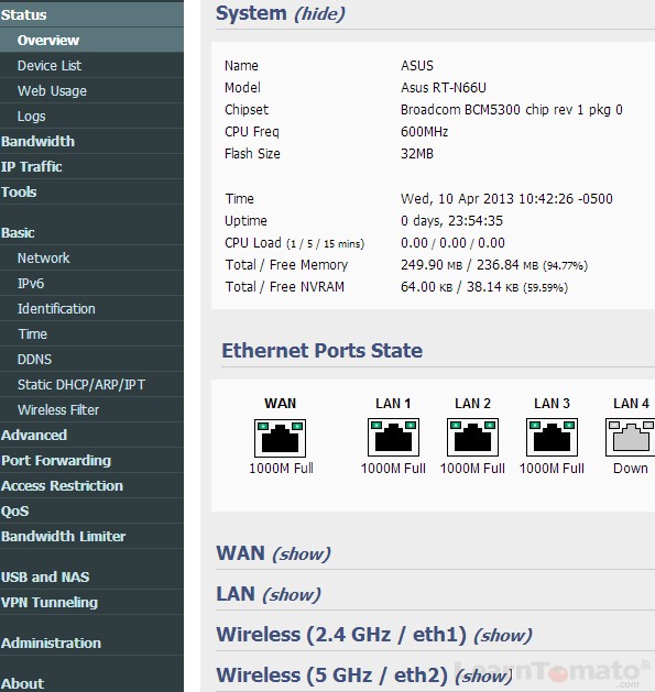 Tomato Shibby firmware administration page