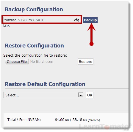 Backup your Tomato firmware configuration file.