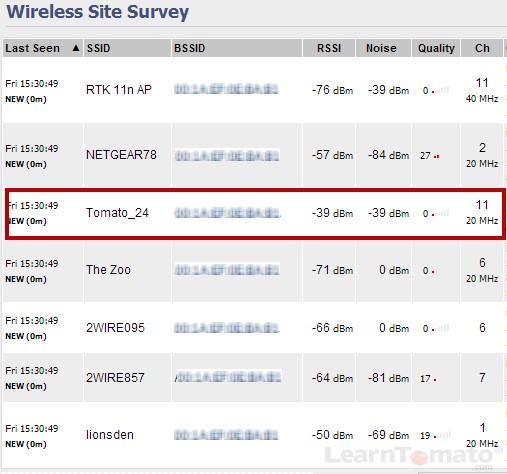 Use the wireless site survey utility in Tomato to display other wireless access points in the area.