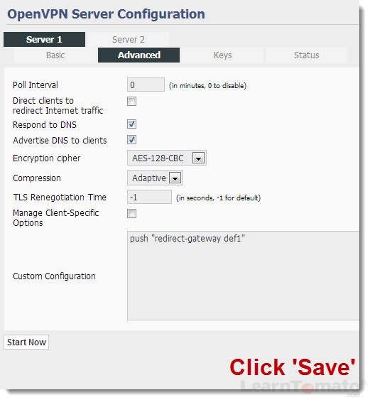 Tomato VPN server advanced configuration
