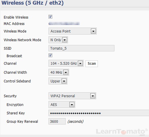 Configure Tomato Wireless Access Point settings to use 5GHz band.